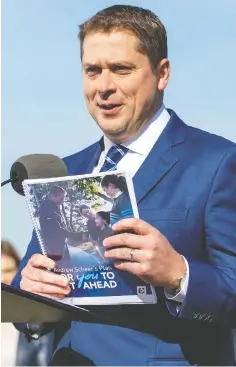  ?? CARLOS OSORIO / REUTERS ?? Conservati­ve Leader Andrew Scheer reveals his party’s platform
in Delta, B.C., on Friday — just 10 days before the election.