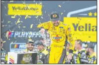  ?? Julie Bennett The Associated Press ?? Ryan Blaney celebrates after winning at Talladega Superspeed­way on Sunday.