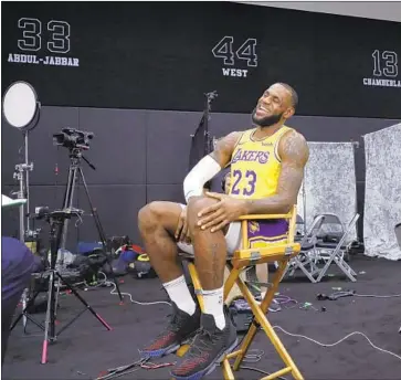  ?? Marcio Jose Sanchez Associated Press ?? LeBRON JAMES is all smiles as he sits for an interview during media day Monday at the Lakers’ practice facility in El Segundo. The four-time most valuable player signed with the Lakers in July.