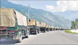  ?? PTI ?? Army vehicles move towards Ladakh on the Manali-Leh highway on June 28.