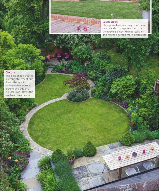  ??  ?? Circular This bold shape creates a strong statement and draws the eye. A pathway that sweeps around one side of a circular lawn, draws the eye to an area beyond.