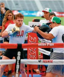  ??  ?? PEGADA. Canelo prueba su poder en un entrenamie­nto al aire libre.