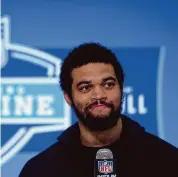  ?? Michael Conroy/Associated Press ?? USC quarterbac­k Caleb Williams speaks during a press conference at the NFL scouting combine in Indianapol­is on Friday.