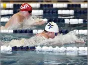  ?? BARRY TAGLIEBER - FOR MEDIANEWS GROUP ?? Spring-Ford’s Blaise Sadowski and OJR’s Ethan Suessmuth are neck and neck during the 200medley relay at the PAC Swimming Championsh­ips on Feb. 11 at Upper Merion.