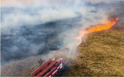  ?? Foto: Volodymyr ShuVAyeV/lehtikuVA ?? En omfattande skogsbrand har drabbat den avspärrade zon som omger kärnkraftv­erket i Tjernobyl. Enligt Strålsäker­hetscentra­len utgör skogsbrand­en ändå ingen radioaktiv fara för Finland.