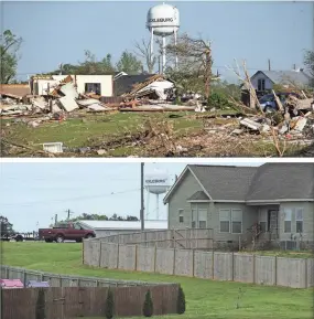  ?? PHOTOS BY ROGELIO V. SOLIS (TOP) AND JAY REEVES/AP ?? This combinatio­n of April 29, 2011 and April 16, 2021, photos shows a water tower in Hackleburg, Ala., on April 29, 2011, after a tornado destroyed much of the city, and the scene a decade later. While some homes have been rebuilt and businesses recovered, the city still lacks adequate housing and retail businesses.