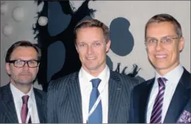  ??  ?? Finland’s Minister for European Affairs and Foreign Trade, Alexander Stubb, right, with Robin Lindahl, centre, the vice-president of Outotec, and Finland’s ambassador to South Africa, Petri Salo.