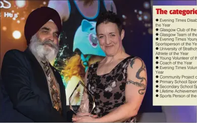  ??  ?? Glasgow Life board member Dilawer Singh presents Anne Glass with her award last year