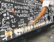  ?? Aaron Favila / AP ?? Candles are lit beside a wall full of messages for former NBA basketball player Kobe Bryant at a basketball court in Taguig, Philippine­s.