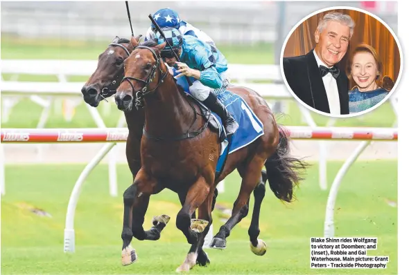  ?? Main picture: Grant Peters - Trackside Photograph­y ?? Blake Shinn rides Wolfgang to victory at Doomben; and (inset), Robbie and Gai Waterhouse.