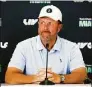  ?? Chris Trotman / LIV Golf via Getty Images ?? Phil Mickelson, Team Captain of Hy Flyers GC, speaks to the media during the LIV Golf Team Championsh­ip Press Conference on Oct. 26 in Doral, Fla.