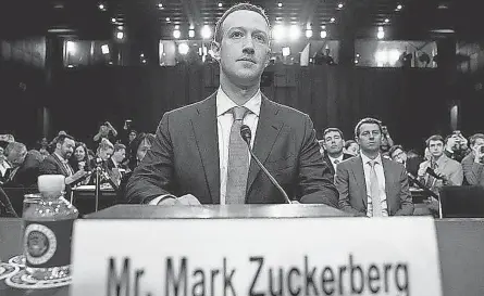  ??  ?? Mark Zuckerberg testifies on Capitol Hill in April 2018. ANDREW HARNIK/ AP FILE