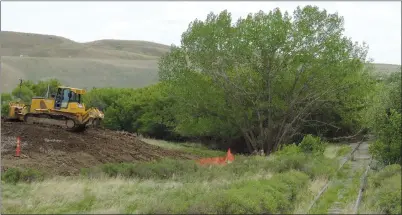  ?? NEWS PHOTO COLLIN GALLAN ?? A bulldozer pushes dirt on a newly formed flood berm built by MJB Enterprise­s east of the Medalta Pottery site near the Seven Persons Creek. The overgrown rail line demarcates property the city has secured and other land that could see berms built next...