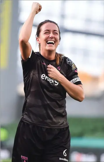  ??  ?? Wexford Youths captain Kylie Murphy celebrates following the Só Hotels FAI Women’s Cup final.