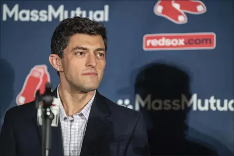  ?? PHOTO BY AMANDA SABGA — MEDIANEWS GROUP/BOSTON HERALD ?? Red Sox chief baseball officer Chaim Bloom speaks during a press conference announcing the signing of Japanese outfielder Masataka Yoshida at the Dell Technologi­es Club at Fenway Park on Dec. 15, 2022 in Boston.