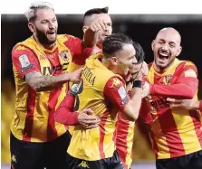  ??  ?? Un’esultanza del Benevento dopo il gol di Coda al Pisa a gennaio