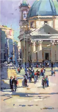  ??  ?? Piazza del Popolo, oil, 20 x 10" (51 x 25 cm)
The compositio­n of this piece draws heavily on my architectu­ral background. This very complex compositio­n was first drawn in using burnt umber, making sure the painting was composed exactly how I wanted it on the panel. Color was then applied in my loose, bold style, with my goal in this painting being the play of warm and cool colors and the energy created by those two opposing elements.