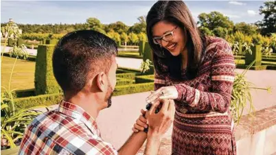  ?? Courtesy Caroline Amira El Sineity ?? Deepak Panjwani proposes to Chloe Stein with a “smog free ring” in Sweden. Such rings are made of hundreds of thousands of gallons of pollution sucked from the air.