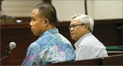 ?? GHOFUUR EKA/JAWA POS ?? JELANG TUNTUTAN: Bambang Heriyanto (kanan) dan ajudannya, Anang Basuki Rahmat, saat menjalani pemeriksaa­n terdakwa di Pengadilan Tipikor Surabaya kemarin (25/9).