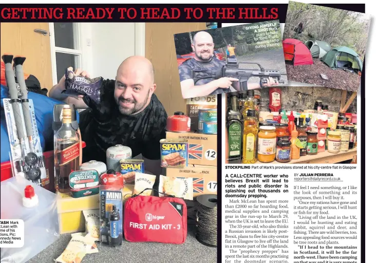  ??  ?? STASH Mark McLean with some of his rations. Pic: Kennedy News and Media HIMSELF GIVING SHOTMark A plans to hunt Right, for food. making camp during training