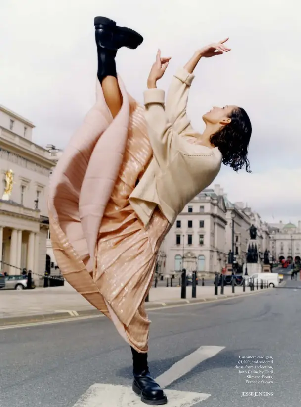  ??  ?? Cashmere cardigan, £1,200; embroidere­d dress, from a selection, both Celine by Hedi Slimane. Boots, Francesca’s own
JESSE JENKINS