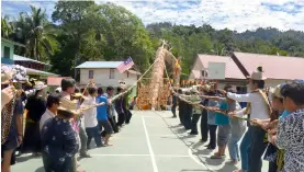  ??  ?? Dennis (fourth right) and other participan­ts holding a rope to pull up and erect the ‘belawing’ to mark the official opening of the Gawai Suen in Long Subeng yesterday.