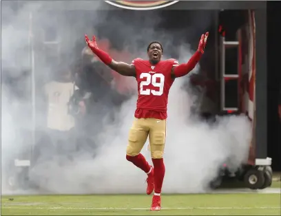 ?? NHAT V. MEYER — BAY AREA NEWS GROUP, 2019 ?? The San Francisco 49ers’ Jaquiski Tartt heads onto the field before their game against the Pittsburgh Steelers at Levi’s Stadium in Santa Clara on Sept. 22.