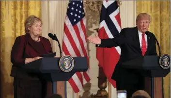  ??  ?? In this Wednesday, file photo, US President Donald Trump speaks during a joint news conference with Norwegian Prime Minister Erna Solberg in the East Room of the White House in Washington. AP PHOTO/MANUEL BALCE CENETA