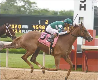  ?? The Sentinel-Record/Mara Kuhn ?? EARLY FAVORITE: Jockey Victor Espinoza rides Stellar Wind to win the Apple Blossom at Oaklawn Park on April 14. Stellar Wind is the early 5-2 pick in the mile and an eighth Breeders’ Cup Distaff Saturday at Del Mar.