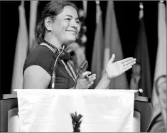  ?? — Photo by The Canadian Press ?? Michelle Audette, president of the Quebec’s Native Women’s Associatio­n, speaks during the final day of the Assembly of First Nations annual general assembly in Toronto Thursday. Half of the eight candidates in the recent election for national chief of...