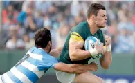  ??  ?? South Africa’s Damian de Allende is tackled by Argentina’s Los Pumas Martin Landajo during a rugby championsh­ip match. —