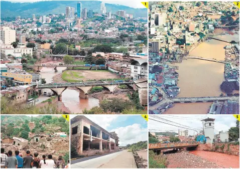  ?? FOTOS: ALEX PÉREZ/JOHNY MAGALLANES ?? (1) Las ciudades gemelas fueron devastadas por el huracán Mitch. (2) Una imagen de las ciudades gemelas durante 1998. (3) Las viviendas en la colonia Soto fueron destruidas. (4) Así luce el antiguo gimnasio Rubén Callejas Valentine. (5) La antigua Penitencia­ría Nacional.