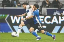  ?? ANNE-MARIE SORVIN/USA TODAY SPORTS ?? Whitecaps forward Russell Teibert stays ahead of San Jose defender Eric Remedi in a race for the ball during the Saturday night's 3-3 draw at B.C. Place.