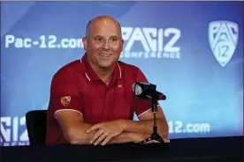  ?? MARCIO JOSE SANCHEZ — THE ASSOCIATED PRESS ?? Southern California head coach Clay Helton answers questions during the Pac-12 Conference NCAA college football Media Day Tuesday, July 27, 2021, in Los Angeles.