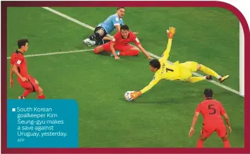  ?? AFP ?? ■ South Korean goalkeeper Kim Seung-gyu makes a save against Uruguay, yesterday.