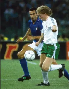  ??  ?? Steve Staunton in action against Guiseppe Bergomi of Italy during the FIFA World Cup 1990 quarter-final at the Stadio Olimpico.