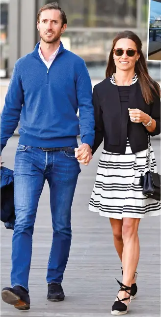  ??  ?? Casual comfort: James and Pippa Matthews head to lunch in Sydney
