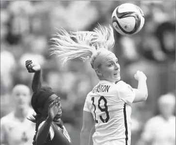  ?? Darryl Dyck
Associated Press ?? JULIE JOHNSTON has anchored a young back line that has allowed just one goal in Canada. In the 1-0 win over Nigeria that gave the U.S. the group title, Johnston was named the player of the game.