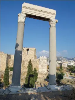  ??  ?? Left: Corinthian columns at Byblos; right: Temple of Bacchus, Baalbek, commission­ed by Emperor Antoninus Pius (AD 138-161)