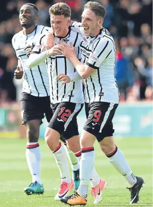  ?? Pictures: SNS Group. ?? Clockwise, from above: Dunfermlin­e celebrate a goal against St Mirren, but will the Pars be celebratin­g again in Saturday’s clash with Dundee United?; Aberdeen renew rivalries with St Johnstone in another potential game of the day; Dundee boss Neil...