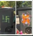  ??  ?? When Esther Cohen-Eskin’s trash can was defaced with a symbol of hate, left, she decided to make a positive out of a negative and transform it into a piece of art.