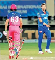  ??  ?? Chennai Super Kings will have to deal with the raw pace of Delhi Capitals fast bowler Anrich Nortje (right)