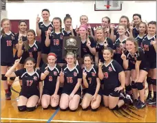 ?? Photograph submitted ?? The Junior Lady Blackhawks are the 4A Northwest Junior High District Tournament champions, according to coach Jessica Woods who said: “The girls played exceptiona­lly hard and played the best volleyball they have played all year. They beat Prairie...