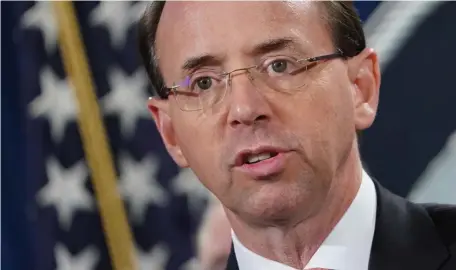  ?? GETTY IMAGES FILE ?? EXIT SIGN: Deputy Attorney General Rod Rosenstein is expected to step down from his role soon after President Trump’s nominee for attorney general, William Barr, below, is confirmed.