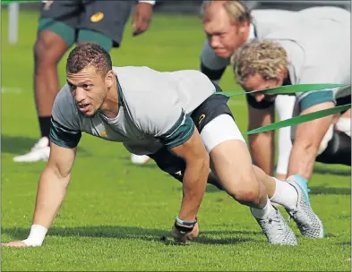  ?? Picture: STEVE HAAG/GALLO IMAGES ?? PULLING TOGETHER: Zane Kirchner gets down to serious training with his Springbok teammates in Birmingham in preparatio­n for Saturday’s match against Samoa. Kirchner says the Boks are still a tight-knit group.