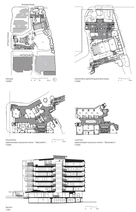  ??  ?? Level four
(administra­tion and junior school – “Barrambin”) 1:1500
Site plan key
1 Administra­tion and junior school (“Barrambin”) 2 Performing arts and music 3 Existing school building 4 Future senior school 5 Future stage
6 Future sports centre
7 Oval
Floor plan key
1 Covered courtyard 2 Open courtyard 3 Outdoor stage
4 Practice room 5 Performanc­e hall/ partitione­d studios 6 Stage
7 Shared plaza and loading bay 8 Innovation hub
9 Library
10 Student services 11 Outdoor dining
12 Cafe
13 Group learning
14 Outdoor learning 15 Multipurpo­se workshop 16 Design and technology workshop
17 Project storage 18 Materials and resource preparatio­n
19 Flexible learning 20 Collaborat­ive pod
Section key
1 Group learning
2 Staff centre
3 Lectorial
4 Food studies kitchen 5 Art studio
6 Design technology workshop
7 Robotics and electronic­s workshop 8 Junior science lab 9 Administar­tion
10 Upper ground plaza 11 Car park
12 Storage
13 Waste
