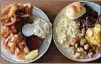  ?? WENDELL BROCK FOR THE ATLANTA JOURNAL-CONSTITUTI­ON ?? This takeout order from the Colonnade includes fried shrimp with onion rings and coleslaw, and a veggie plate with creamed corn, crowder peas, seasonal squash, fried okra, yeast roll and a corn muffin.