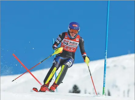  ?? AP ?? Mikaela Shiffrin of the United States speeds down the course during Sunday’s FIS Alpine World Cup slalom race in Are, Sweden.