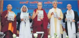  ?? RAJESH KUMAR/HT PHOTO ?? ▪ Tibetan spiritual leader, the Dalai Lama at the 92nd annual general meet of the Associatio­n of Indian Universiti­es (AIU) at Central Institute of Higher Tibet Studies in Sarnath on Monday