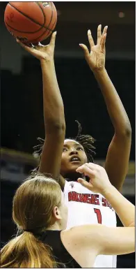  ?? Special to the Democrat-Gazette/JONATHAN BACHMAN ?? Arkansas State forward Lauren Bradshaw
shoots over Appalachia­n State’s Bayley Plummer for two of her 14 points Tuesday during the Red Wolves’ 79-68 loss to the Mountainee­rs at the Sun Belt Conference Tournament in New Orleans.